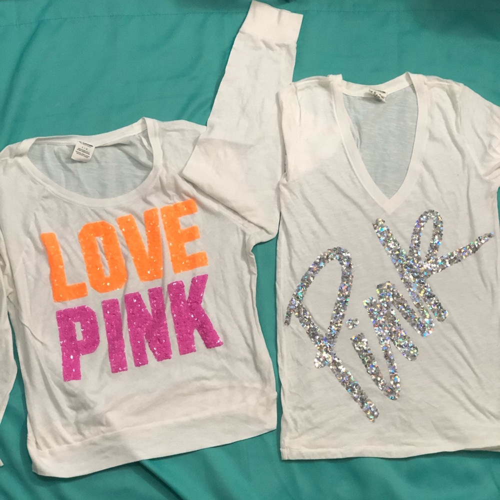 2 pink brand sparkle shirt one long sleeve one short sleeve, size L